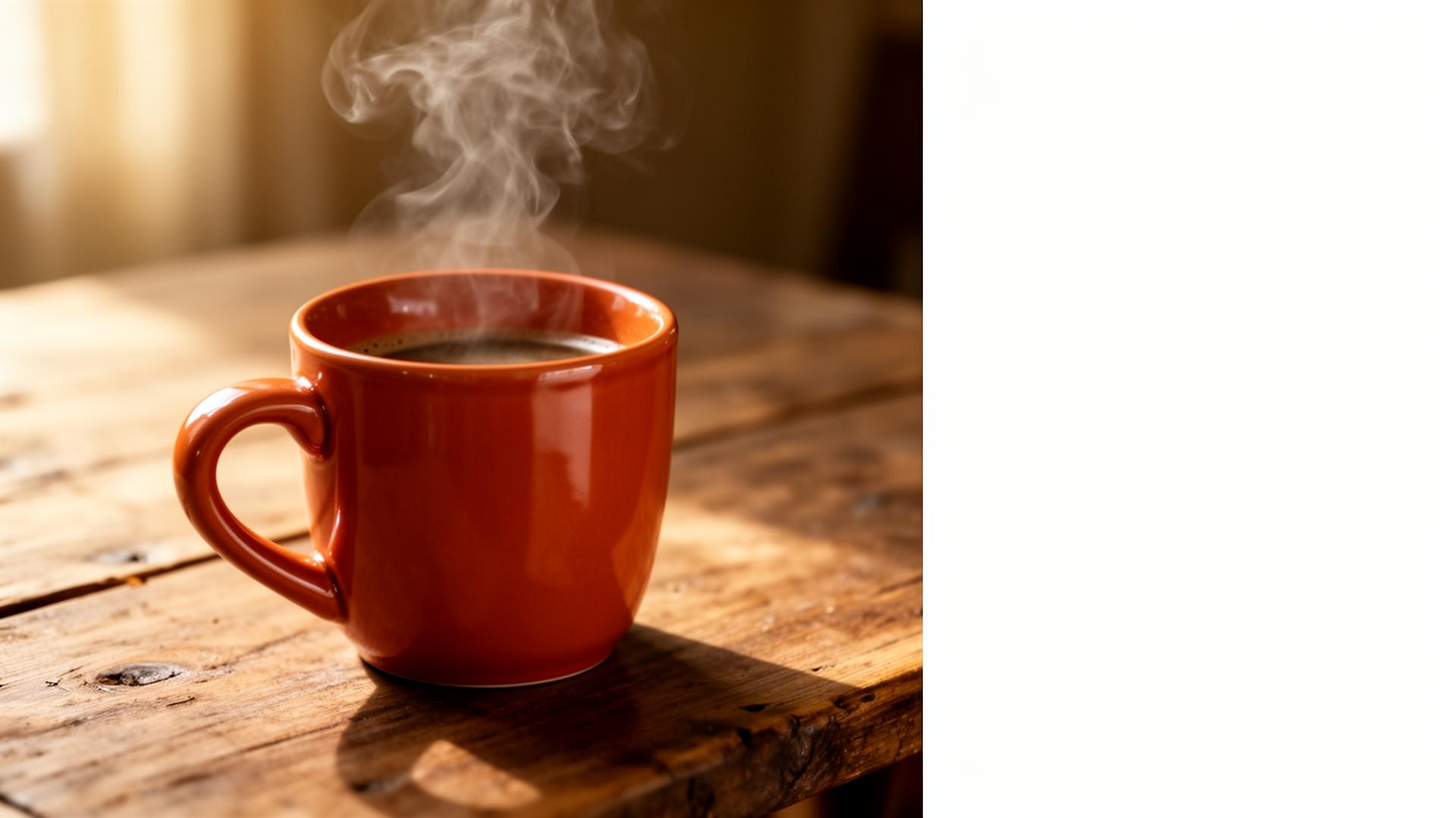 A steaming terracotta ceramic mug on a wooden table